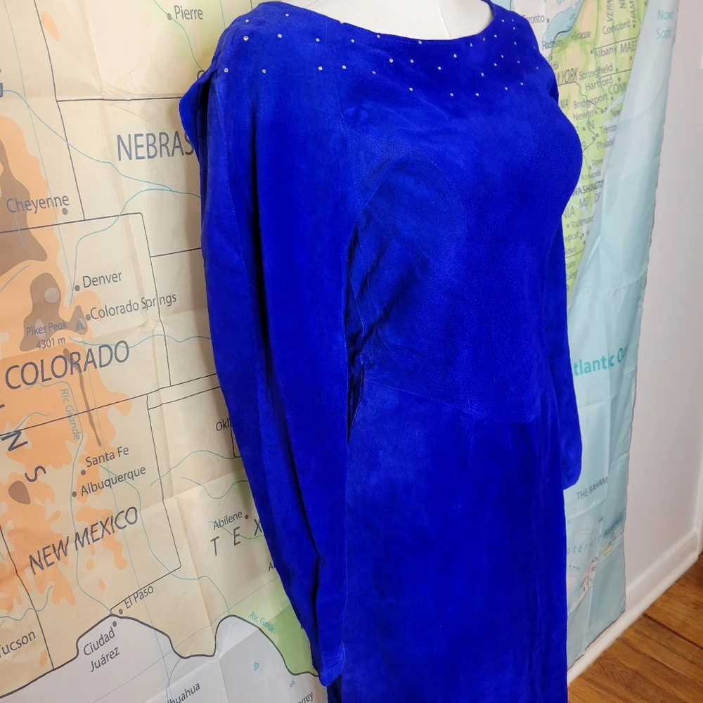 Vintage 1980s Suede Electric Blue Knee Length Dress With Rhinestones Size M - Picture 5 of 16
